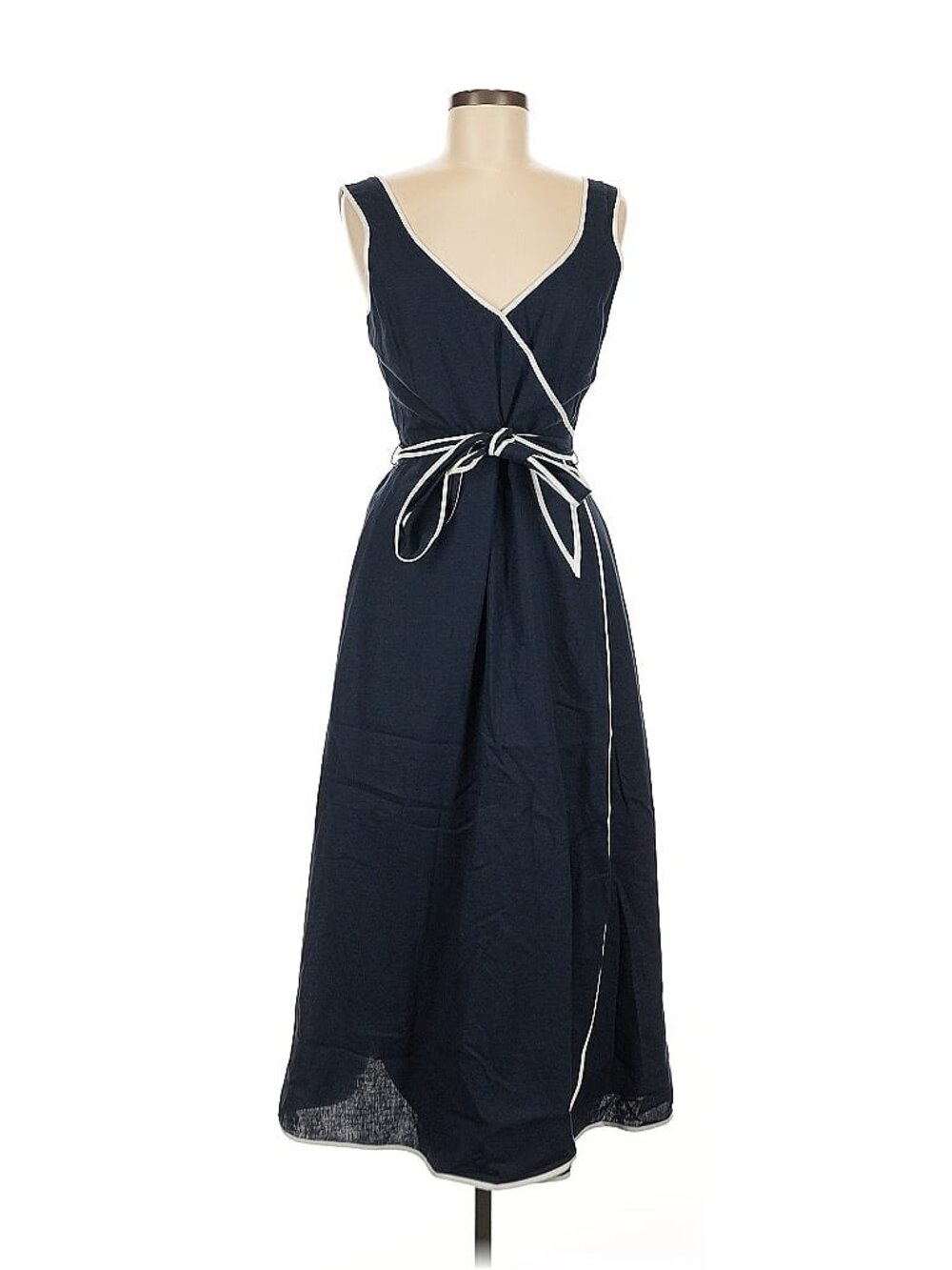 Cotton Linen Wrap Dress 1901 | Dark Navy Lined White Piping Sleeveless M 8-10
